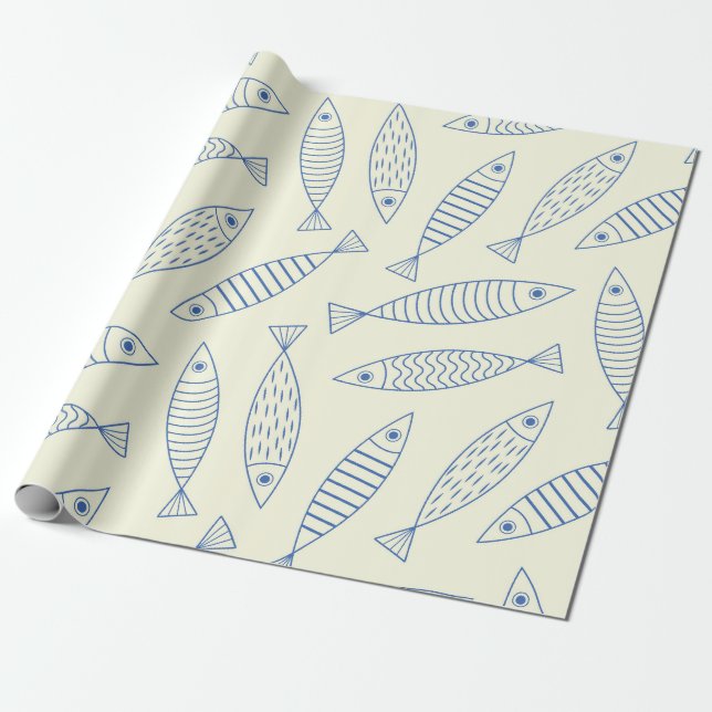 Outline Doodle Blue Sardine Fish Pattern  Wrapping Paper (Unrolled)