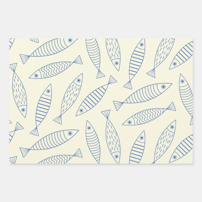 Outline Doodle Blue Sardine Fish Pattern  Wrapping Paper Sheet (Front)