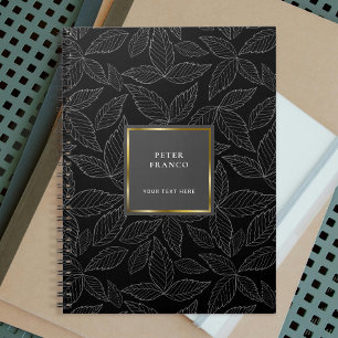 Outline Leaves Pattern   Black Gold Frame Monogram Notebook