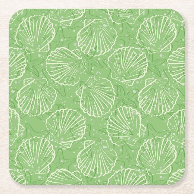 Outline seashells square paper coaster (Front)