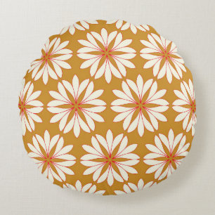 Outlined floral grid: gold, red, ivory round cushion