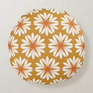 Outlined floral grid: gold, red, ivory round cushion