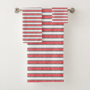 Outlined Grey and Static Red Stripes Bath Towel Set