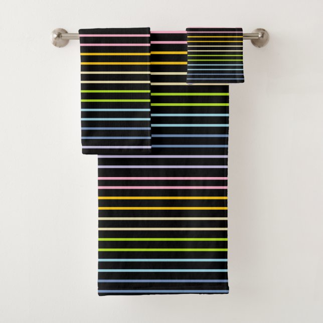 Outlined Pastel Rainbow Stripes Black Bath Towel Set (Insitu)
