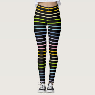 Outlined Pastel Rainbow Stripes Black Leggings
