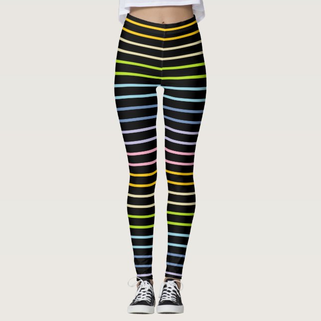 Outlined Pastel Rainbow Stripes Black Leggings (Front)