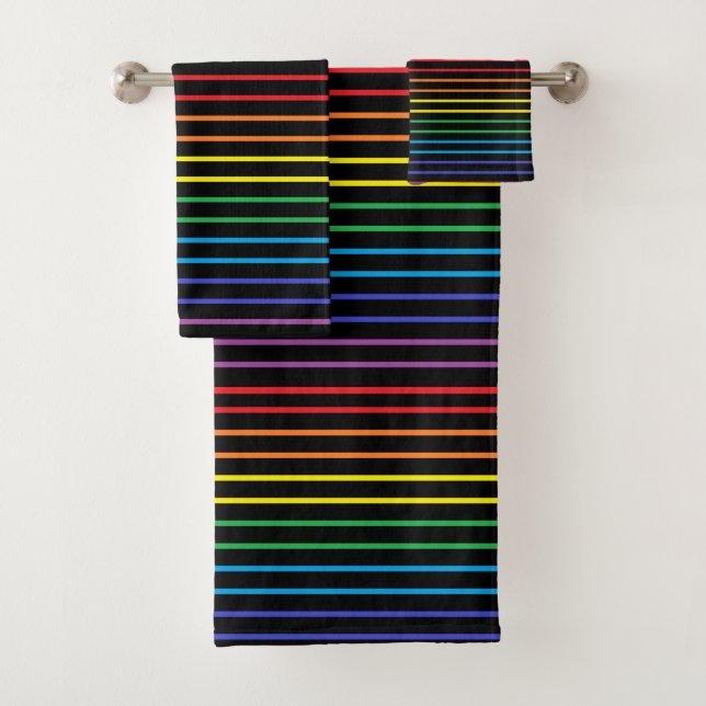 Outlined Rainbow Stripes Black Bath Towel Set (Insitu)