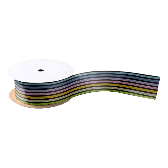 Outlined Stripes Pastel Rainbow Black Satin Ribbon (Spool)