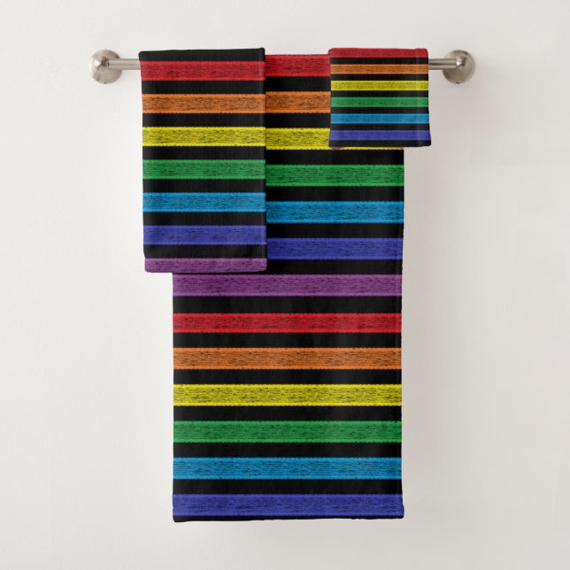 Outlined Stripes Rainbow Black Bath Towel Set (Insitu)