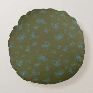 Outlined Teal Blue and Green Floral Round Cushion