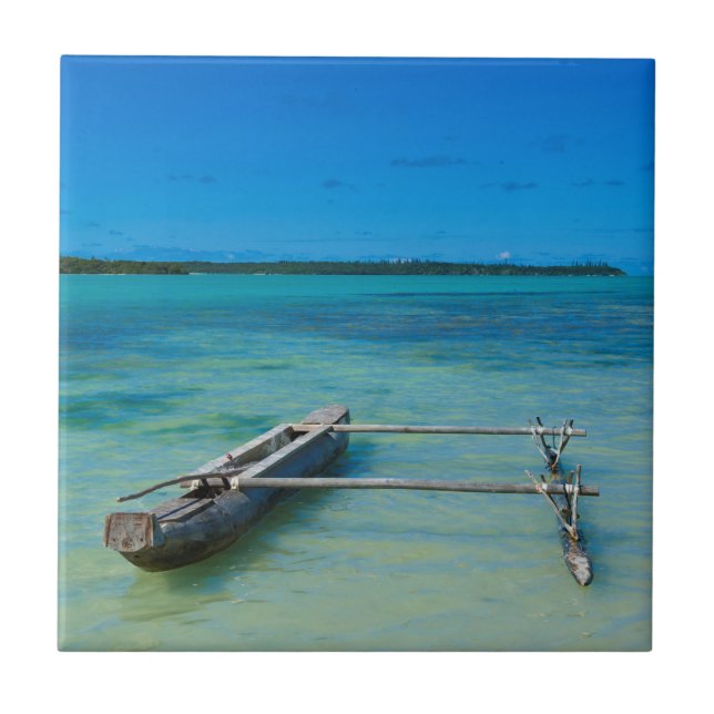 Outrigger Canoe In Shallow Ocean Ceramic Tile (Front)