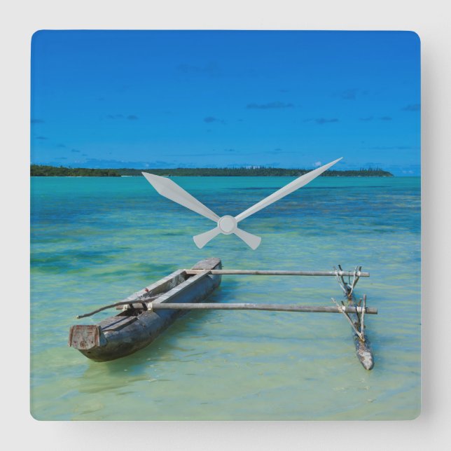 Outrigger Canoe In Shallow Ocean Square Wall Clock (Front)