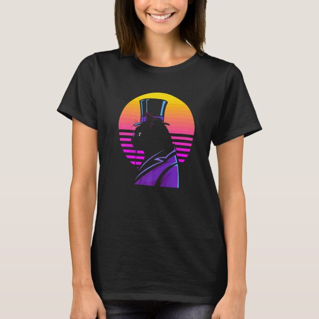Outrun Synthwave Cyberpunk Streampunk Cat T-Shirt (Front)