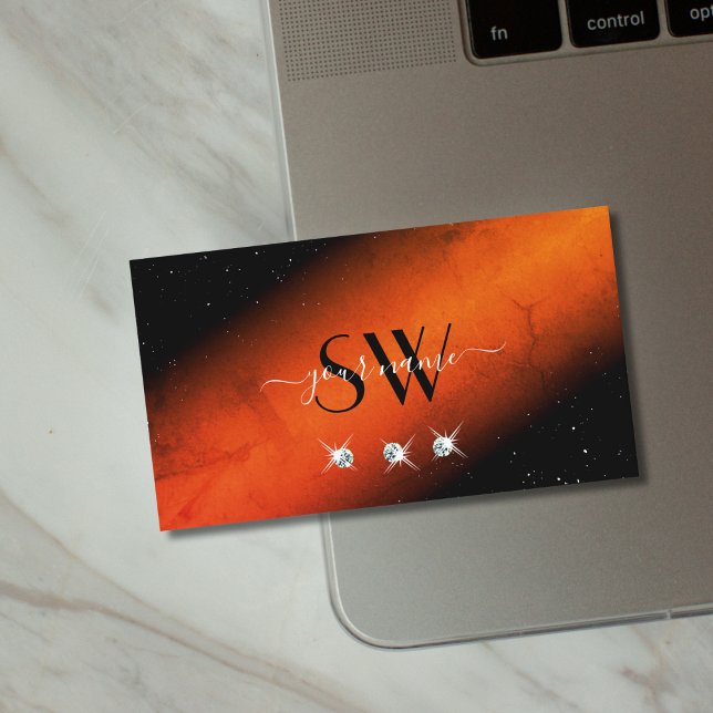 Outstanding Black Orange Sparkling Jewels Initials Business Card (Creator Uploaded)