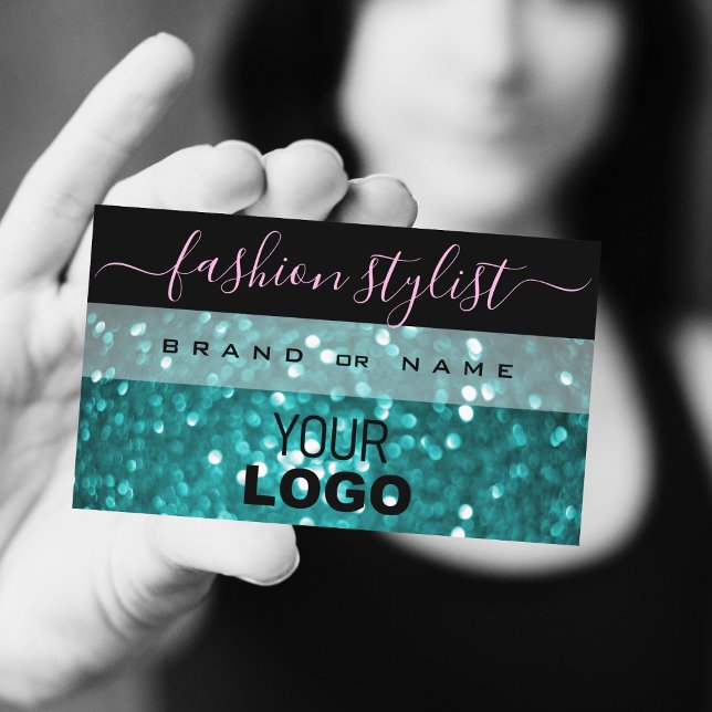 Outstanding Black Teal Sparkling Glitter with Logo Business Card (Creator Uploaded)