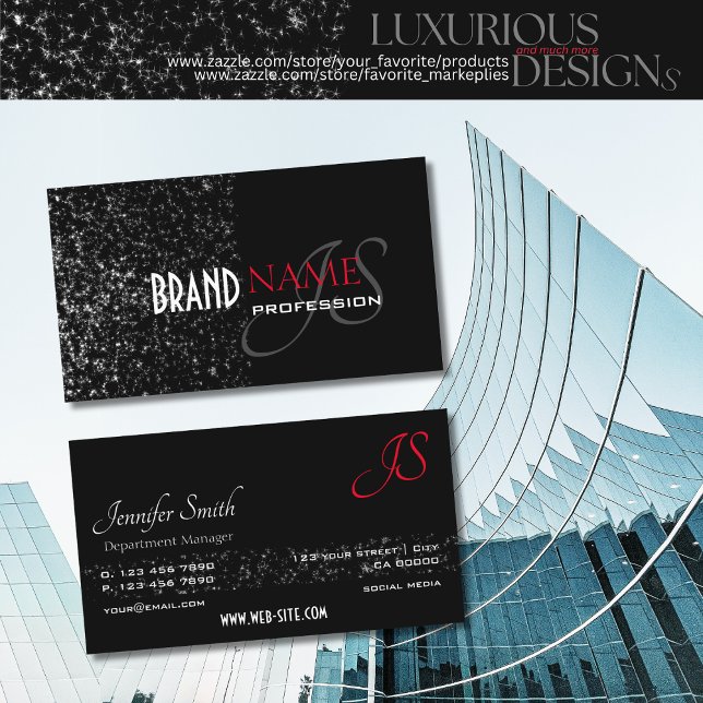 Outstanding Black Tiny Glitter Stars and Monogram Business Card (Creator Uploaded)