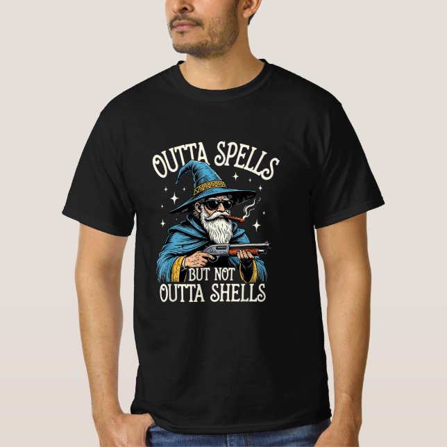 Outta Spells But Not Outta Shells Wizard Fantasy  T-Shirt (Front)
