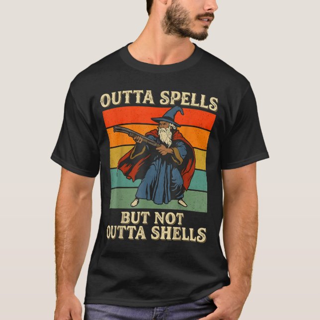 Outta Spells But Not Outta Shells Wizard Retro Fan T-Shirt (Front)