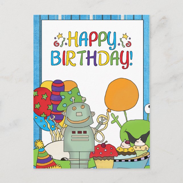 Outta This World Robot Birthday Invites Postcard (Front)