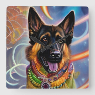 Outta This World Trippy German Shepherd Square Wall Clock
