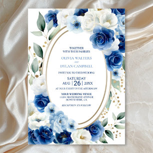 Oval Blue Floral Wedding  Invitation