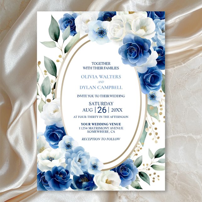 Oval Blue Floral Wedding  Invitation (Creator Uploaded)