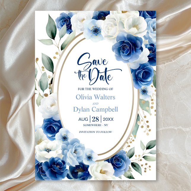 Oval Blue Floral Wedding Save the Date Invitation (Creator Uploaded)