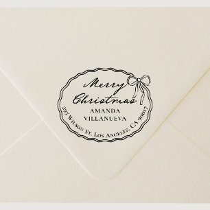 Oval Border and Bow Merry Christmas Return Address Rubber Stamp