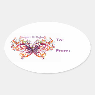 Oval Butterfly Birthday Gift Tag Stickers