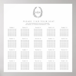 Oval charcoal grey white 20 wedding tables plan poster
