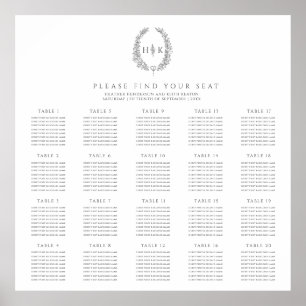 Oval charcoal grey white 20 wedding tables plan poster