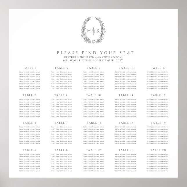 Oval charcoal grey white 20 wedding tables plan poster (Front)