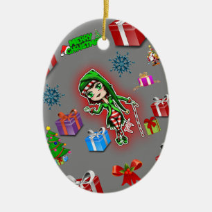 Oval christmas ornament white elf