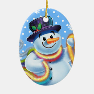 Oval Christmas tree decoration Snowman and tinsel.