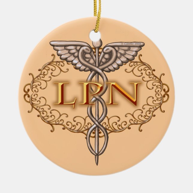 Oval Copper Caduceus LPN Nurse Ceramic Tree Decoration (Front)