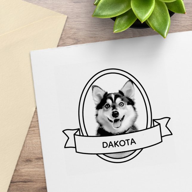 Oval Custom Pet Dog Photo and Name Ribbon Rubber Stamp (Creator Uploaded)