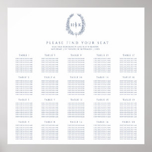 Oval dark blue white 20 wedding tables plan poster