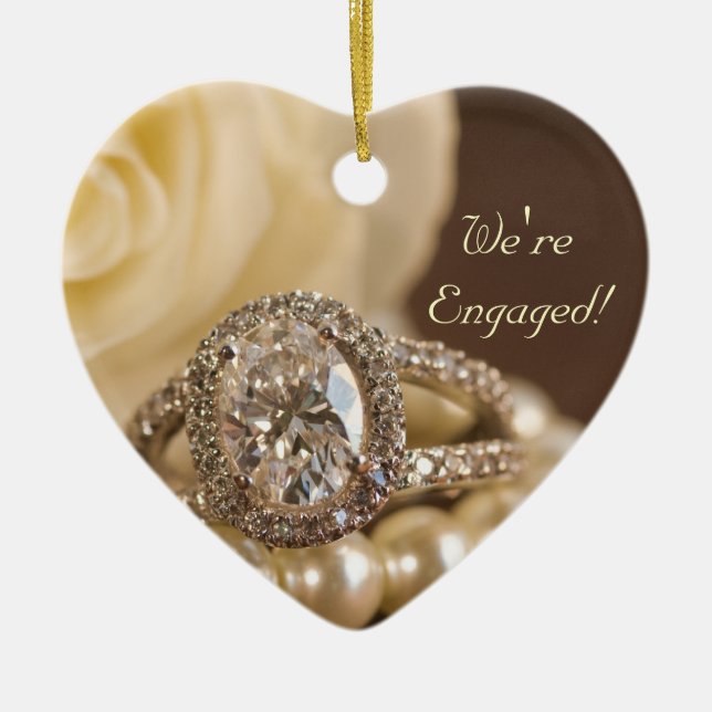 Oval Diamond Engagement Ring and White Rose Ceramic Ornament (Front)