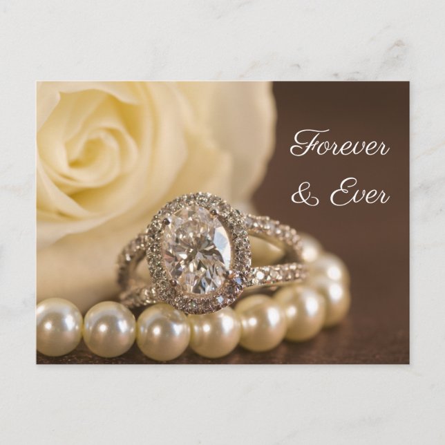 Oval Diamond Ring White Rose Wedding Save the Date Announcement Postcard (Front)