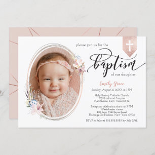 Oval Floral Photo Rose Gold Banner Baptism Invite