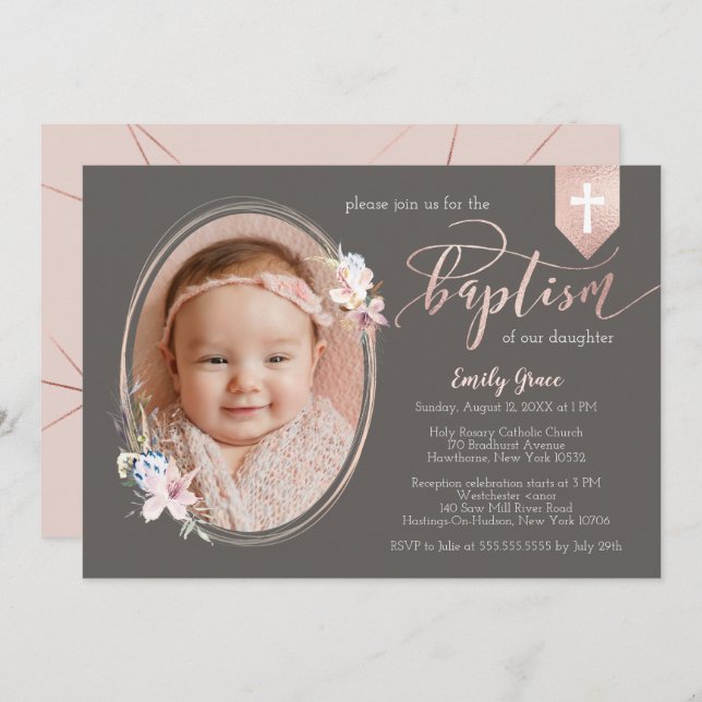 Oval Floral Photo Rose Gold Banner Baptism Invite (Front/Back)