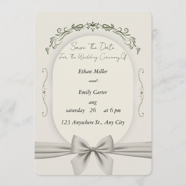 Oval Frame Wedding Invitation with Ribbon Bow (Front)