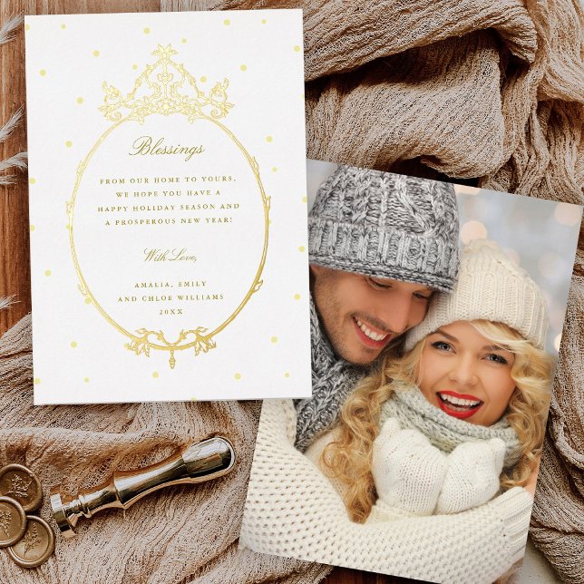 Oval French Frame Christmas Photo Gold Foil Holiday Card (Front & Back)