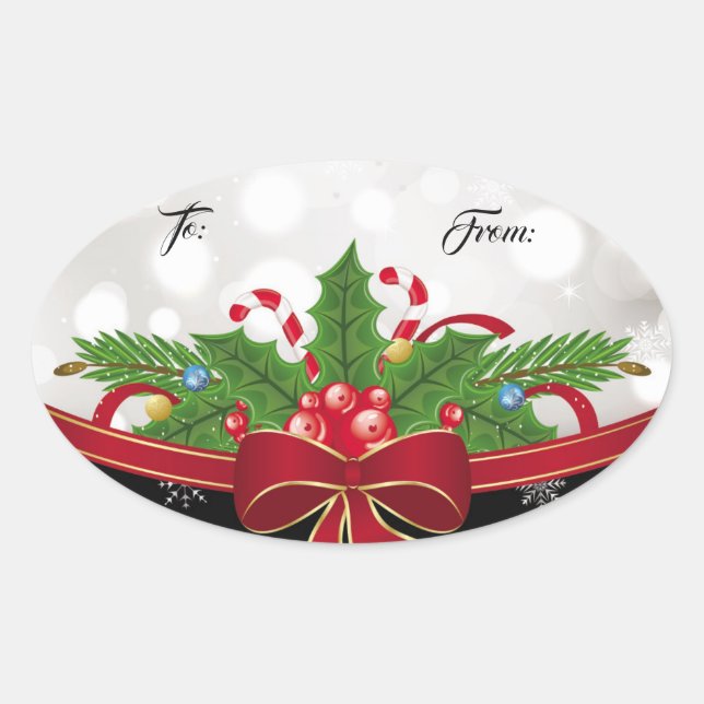 Oval Gift Tag Sticker-Red Bow (Front)