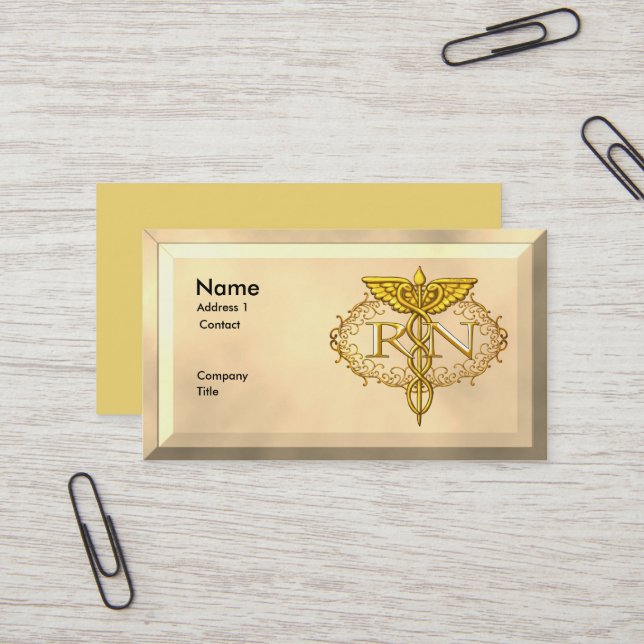Oval Gold Caduceus RN Nurse Business Card (Front/Back In Situ)