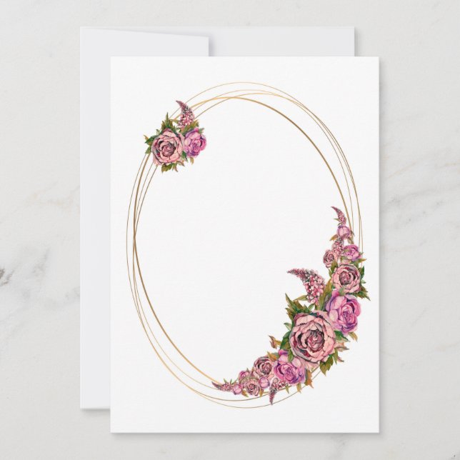 Oval Gold Frame With Pink Watercolor Flowers Invitation (Front)
