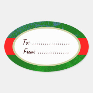 Oval Gold Label Red Ribbon Custom Holiday Gift Tag