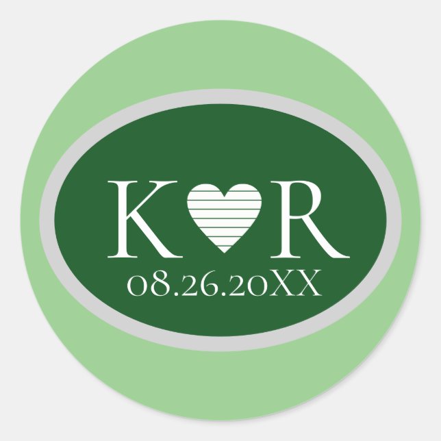 oval green shape monogram for a stylish wedding classic round sticker (Front)