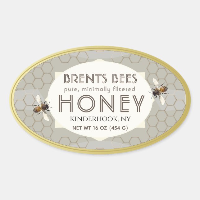 Oval Honey label with bee, honeycomb, gold border (Front)