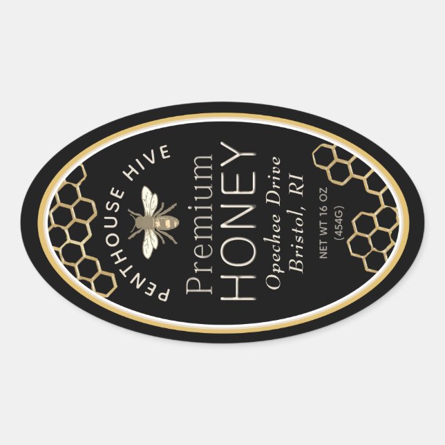 Oval honey label with honeycomb and heraldic bee (Front)